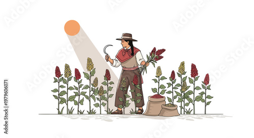 Farmer harvesting quinoa crops in field with sun rays illustration isolated on white background