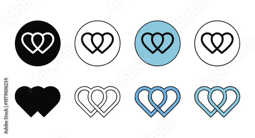 Two intertwined hearts icons in different styles and colors, circle frames, love symbol.