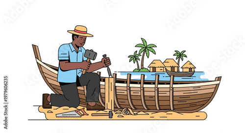 Shipwright working on wooden boat construction in tropical setting isolated on white background