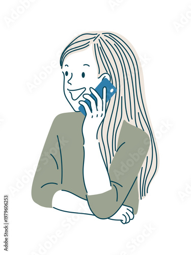 スマホで通話中の女性（正面／ロングヘア）