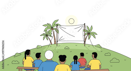 Group of people watching outdoor movie on screen in grassy park isolated on white background