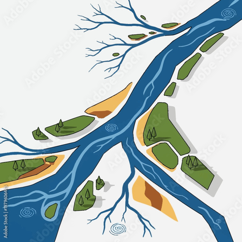 River delta landscape with tributaries and distributaries.