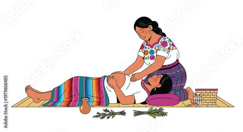 Midwife performing a prenatal belly massage on a pregnant woman isolated on white background