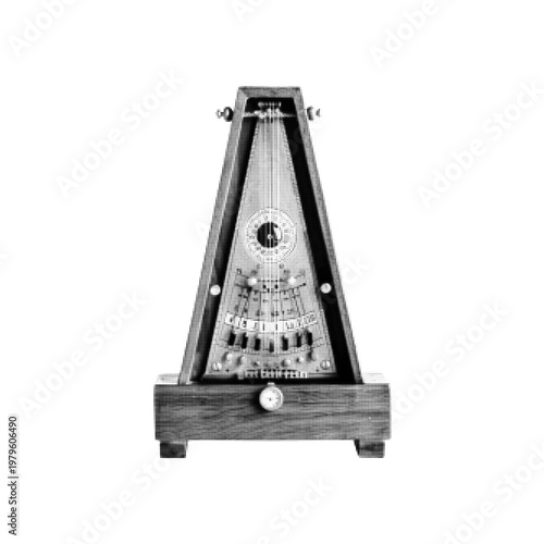 Metronome halftone illustration, classic musical tempo device in dotted black and white style, minimal retro instrument isolated on white background, rhythm and timing concept.