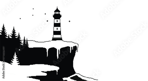 Lighthouse stands on a snowy cliff overlooking a frozen landscape at night.