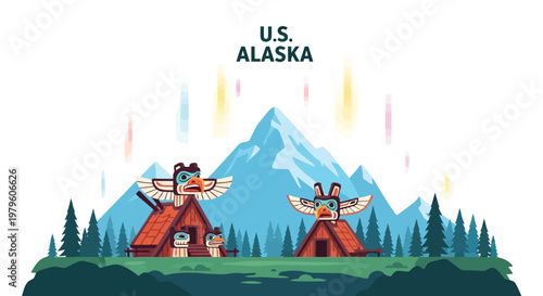 Totem poles in front of Alaskan mountain landscape vector illustration isolated on white background
