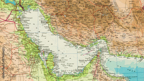 Photos Vintage map highlighting the Persian Gulf, showcasing detailed cartography, surr