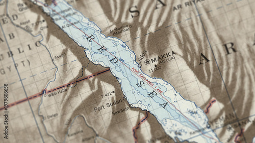 Quadro su tela Macro View of Vintage Map Highlighting the Red Sea with Detailed Coastal and Mar