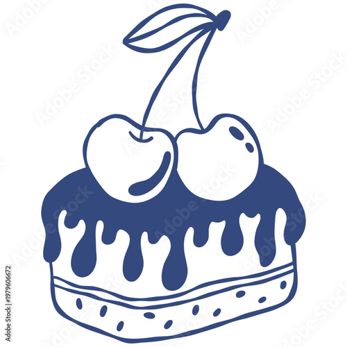 Hand drawn outline illustration of a cherry cake slice with dripping glaze topping. Minimal linear dessert icon in doodle style, perfect for bakery menus, packaging, stickers, and sweet food concepts