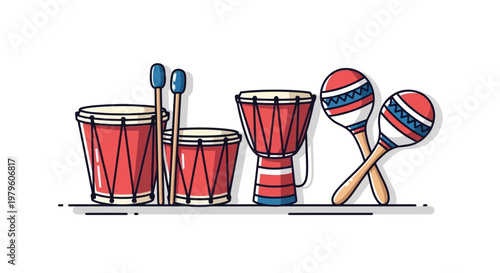 Traditional musical instruments drums and maracas vector illustration isolated on white background