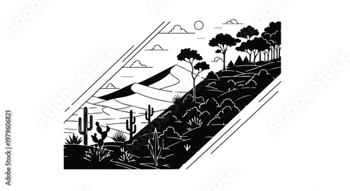 Desert landscape illustration captures a serene arid environment with cacti plants.