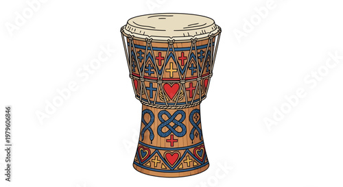 Traditional handcrafted djembe drum with intricate cultural patterns isolated on white background