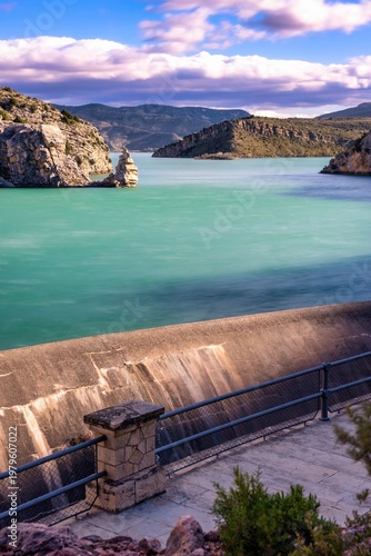 Spillway and High Water Level at Cueva Foradada Reservoir in Oliete, Spain