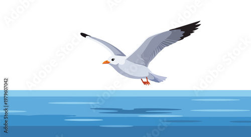 Seagull flying over ocean waves flat vector design illustration isolated on white background