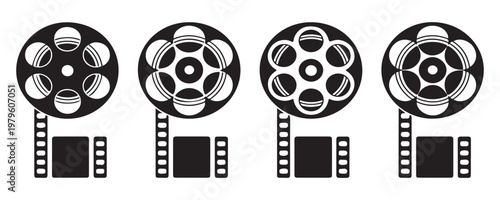 Detailed movie film reel icons with hanging cinematic strips isolated on plain white background for creative.