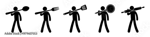 Stickman Carrying Kitchen Utensils Set – Cooking Tools Silhouette Vector Collection.