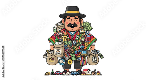 Merchant carrying many goods and money bags vector illustration isolated on white background