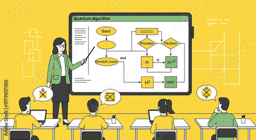 Illustration of professor teaching quantum computing and algorithms to students in classroom setting