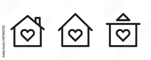 Home icon with heart symbol inside simple line art design for loving home concept.