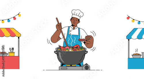 Professional chef cooking seafood paella at a outdoor street food market isolated on white background