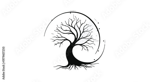 Tree of life stands centered with intricate branches reaching toward a circular arc.