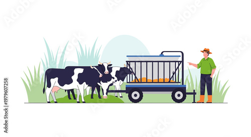 Illustration showcasing a farmer tending to his holstein cows using modern feeding technology