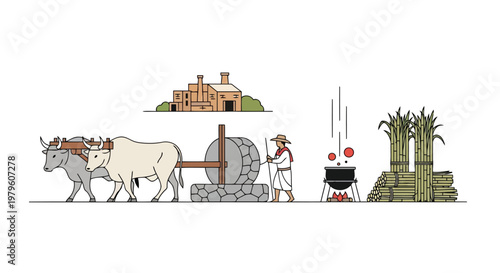 Traditional sugar cane production process with ox and mill illustration isolated on white background