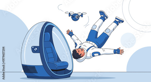 Illustration showcasing a futuristic transport pod and a drone accompanied by an astronaut character