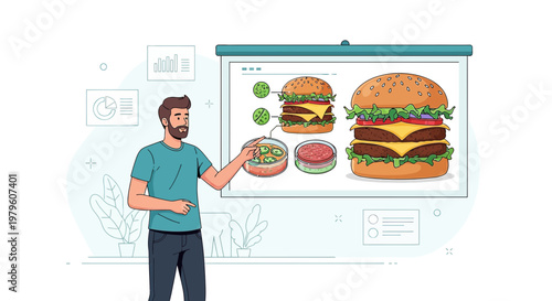 Illustration showcasing lab-grown meat burger presentation with visual data for sustainable food