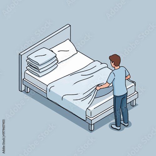 Man making a bed with blue sheets.