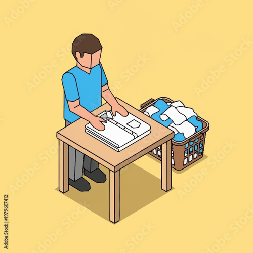 Man folding laundry on a table.