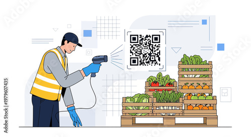 Illustration showcasing modern agriculture through QR code scanning of fresh produce quality checks