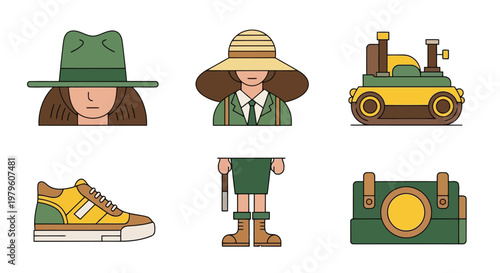 Travel and photography equipment icons set in flat vector style isolated on white background
