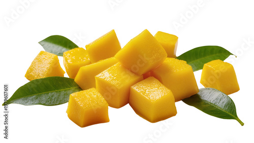 Foto Diced ripe mango chunks with vibrant green leaves arrangement