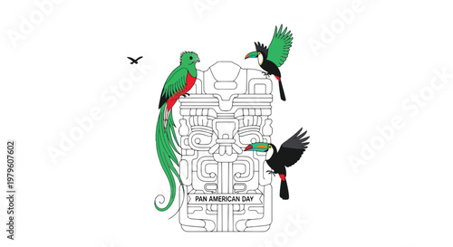 Pan American day vector illustration with quetzal and toucan birds isolated on white background