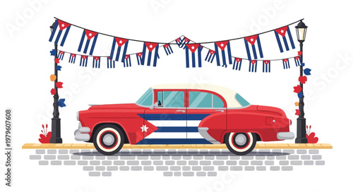 Classic vintage car parked under cuban flags in vector style isolated on white background