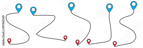 Route with location pins icon set in solid and color styles. Minimal vector symbols for navigation, map, GPS, travel, destination, route planning, logistics and location tracking concepts.