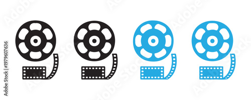 Set of 4 vector icons depicting film reels with unwound filmstrips, in black and blue variations.