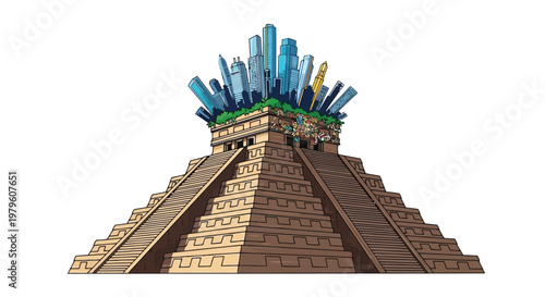 Ancient Mayan pyramid with modern city skyline atop illustration isolated on white background