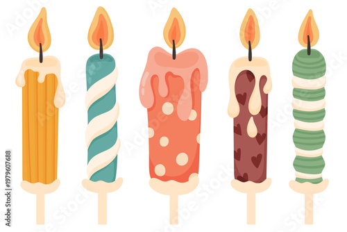 Set of birthday candles with different shapes and colors in soft pastel tones. Cute decorative elements with flames. Perfect for cake design, party decor, greeting cards and celebrations