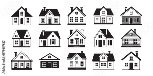 Vintage style house silhouettes featuring detailed windows and classic architectural elements in black shapes.