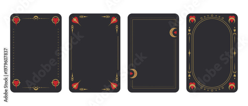 Tarot frame templates decorated with red hearts and celestial elements. Set of decoration borders for tarot cards. Vector illustration