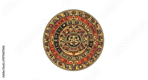 Mayan calendar stone disc illustration with intricate glyph symbols isolated on white background