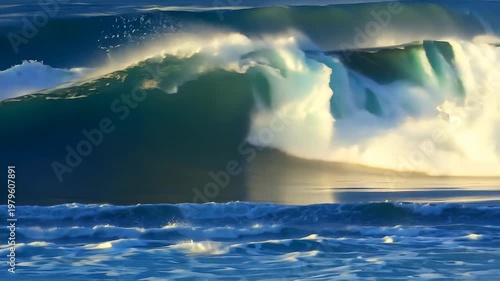 Ocean waves crashing and curling in a dynamic sequence, showcasing the powerful movement and shimmering reflections of sunlight on the water's surface