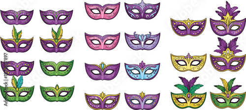 Set of Colorful Masquerade Mask Vector Illustrations Featuring Feathered and Floral Designs for Carnival, Party, and Festival Themes