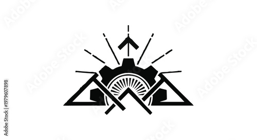 Mechanical gear combined with mountain peaks symbolizes industrial innovation.