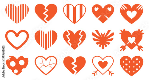 Orange heart shapes in various styles, symbolizing love, romance, passion, and emotional expression.