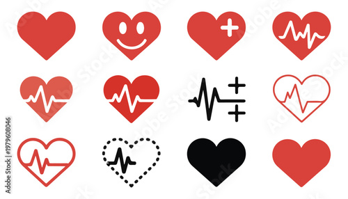 Red heart icons representing love health and wellness including pulse lines and medical cross symbol.