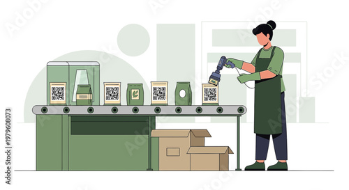 Illustrative depiction of packaging process with employee overseeing barcode application on
