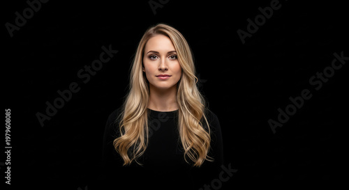 A confident young woman with long blonde hair standing against a black background isolated on white background